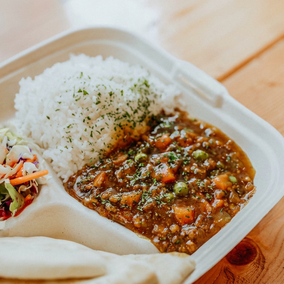 Takeout tray with white rice, vegetable curry, mixed slaw, and flatbread on a wooden table.