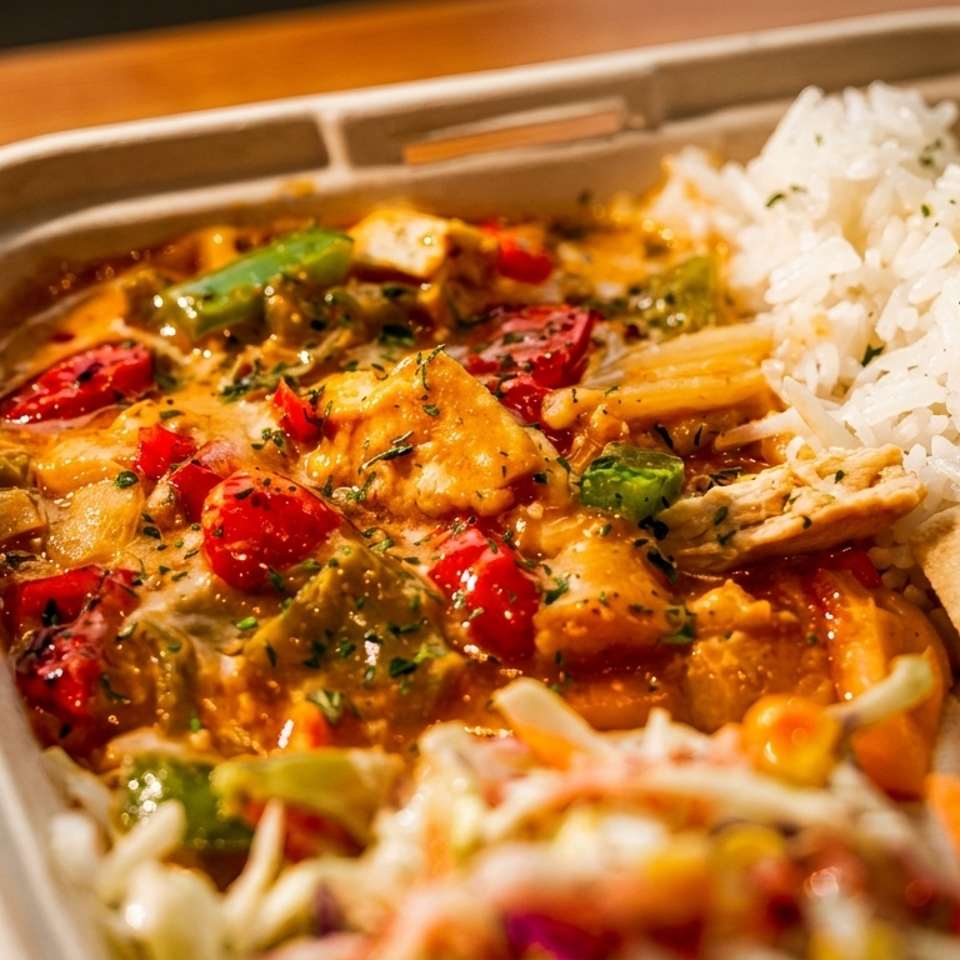 Takeout tray filled with creamy vegetable curry, seasoned rice, flatbread, and a fresh salad on a wooden table.