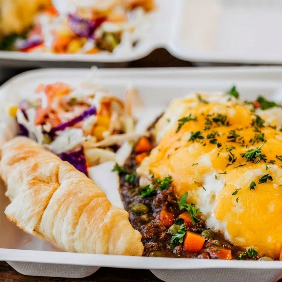 Takeout container holding cheesy shepherd’s pie with vegetables, coleslaw, and a croissant on a wooden table.